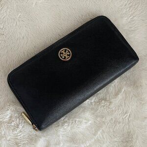 TORY BURCH Black Saffiano Leather Robinson Continental Zip Around Wallet
